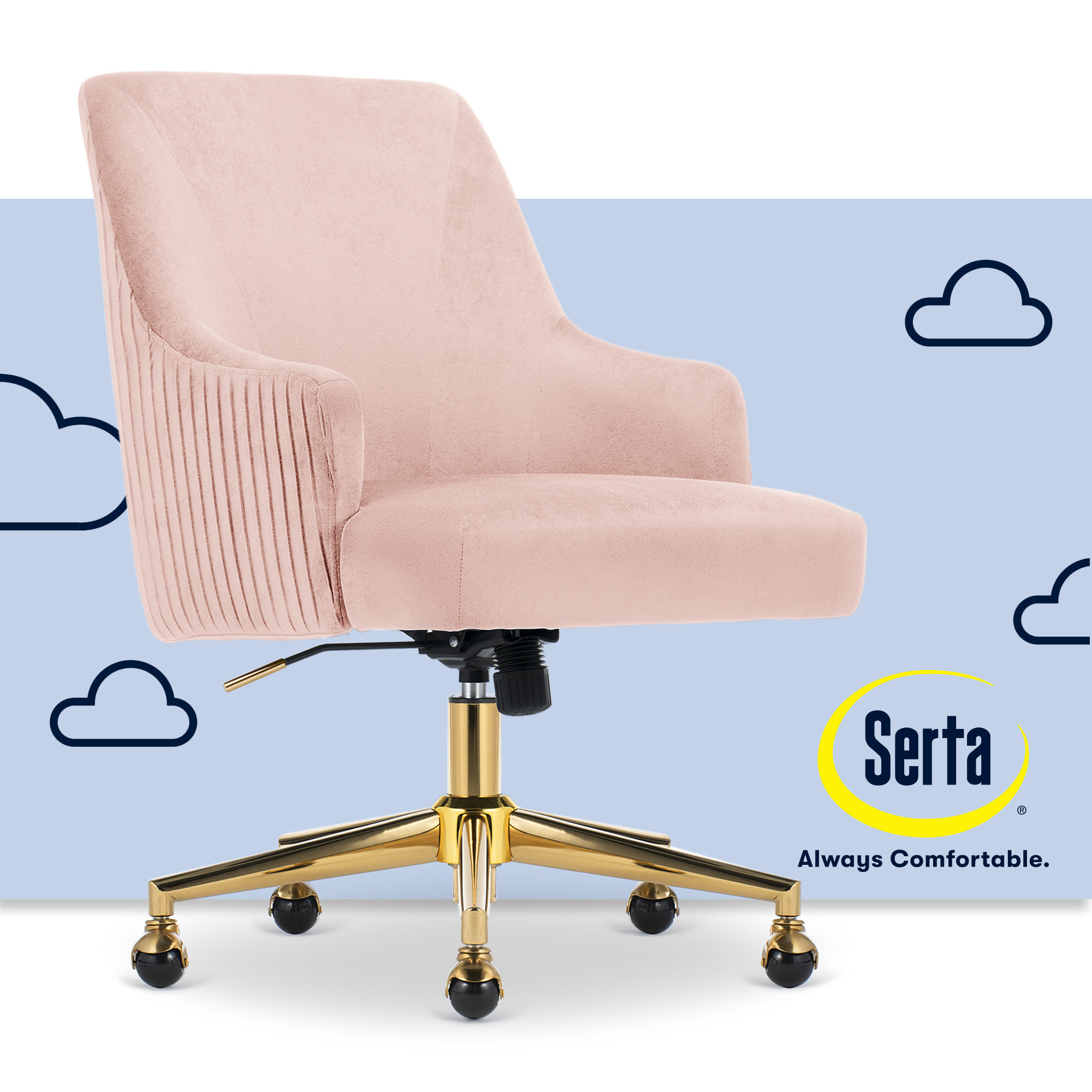 Serta Scarlett Mid-Back Desk Chair, Pleated Velvet Fabric, Pocket
